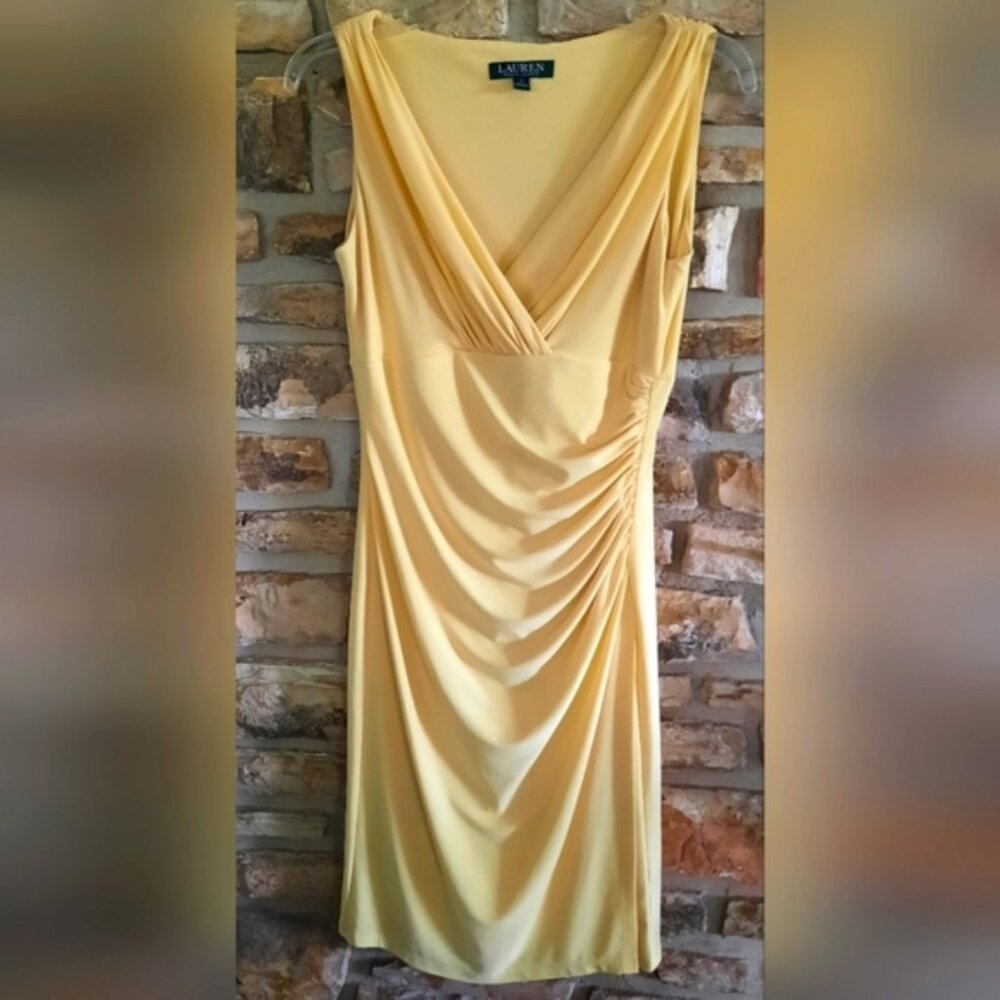 Lauren Ralph Lauren Solid Yellow Dress, Size 4, V Neck,  Side Swag